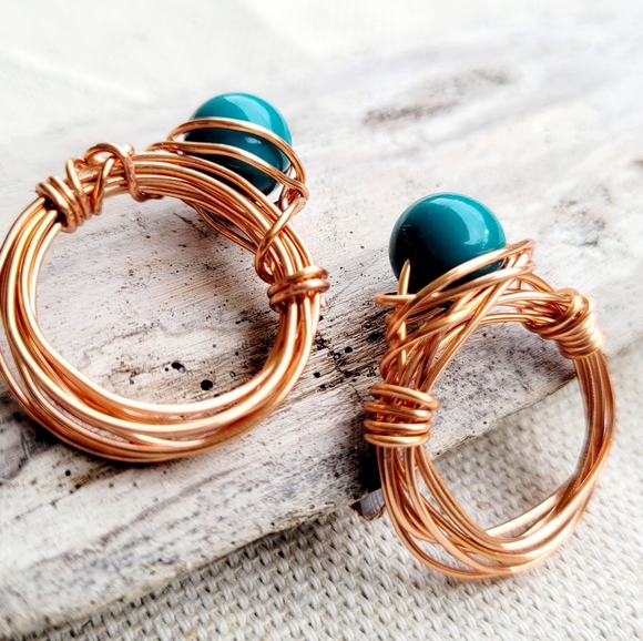 HANDMADE Boho Rings Lot Copper Gold Rose & Silver Wire Wrapped Glass Beads - Picture 7 of 14